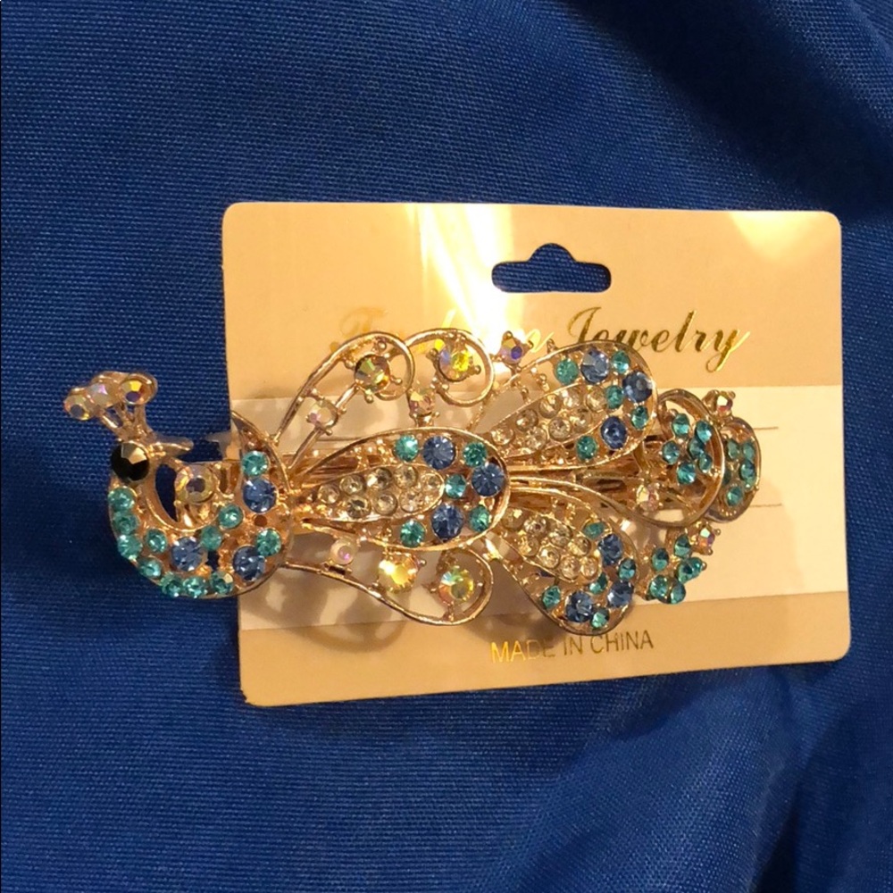 Rhinestone Crystal Peacock Hair Clips Barrette X2